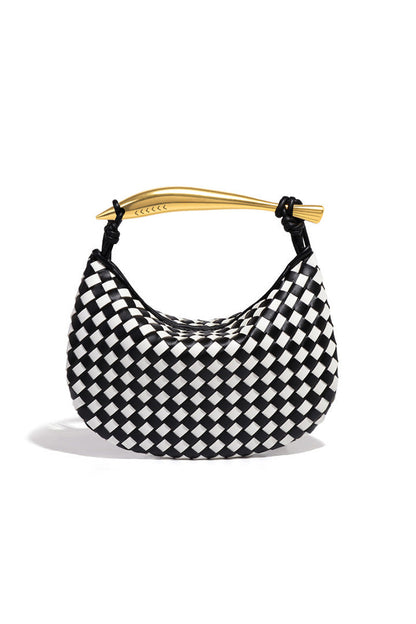 Woven brown leather hobo bag with gold handle