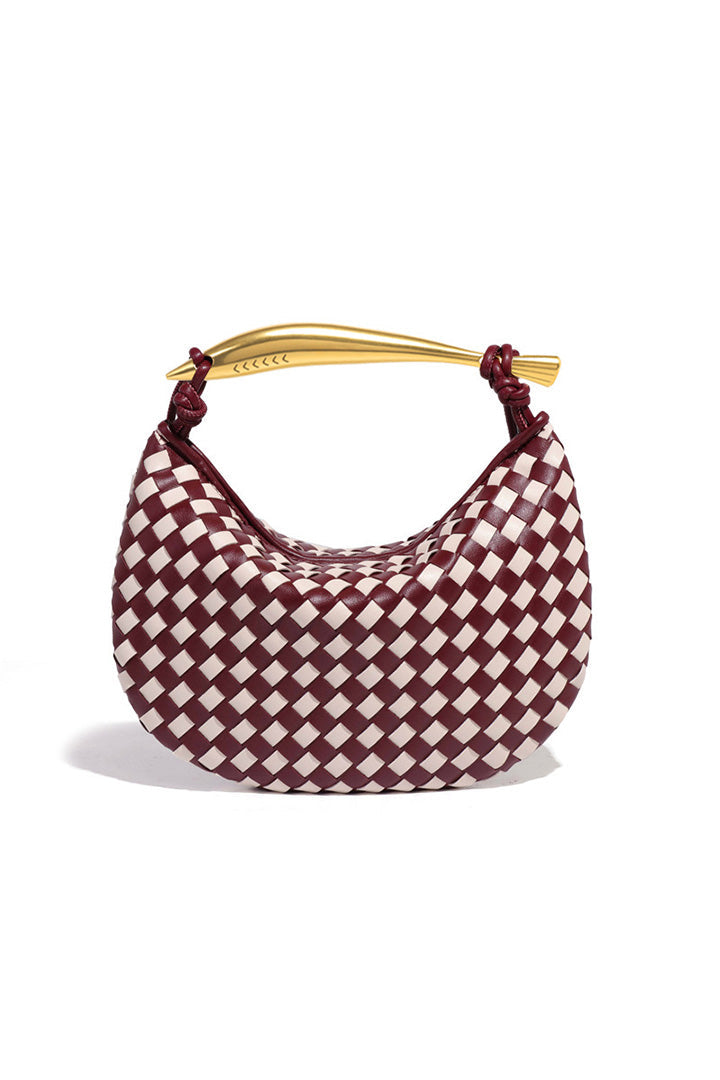 Woven brown leather hobo bag with gold handle