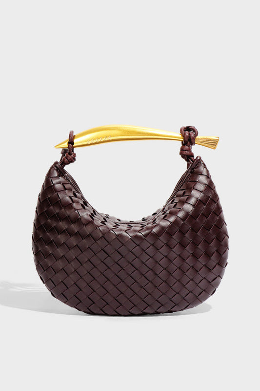 Burgundy woven leather hobo bag with gold handle