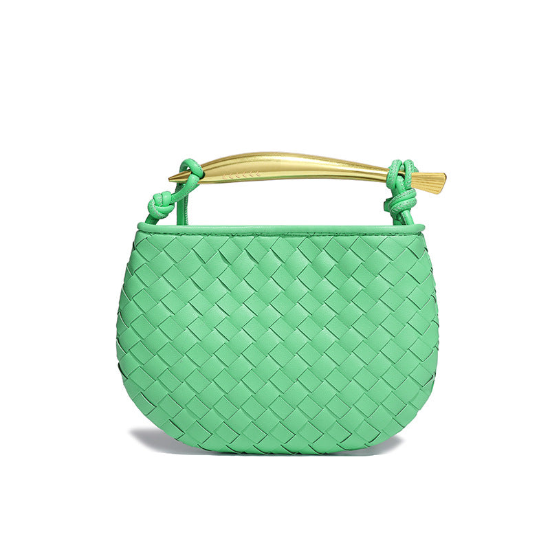 Silver woven leather top handle bag with gold hardware