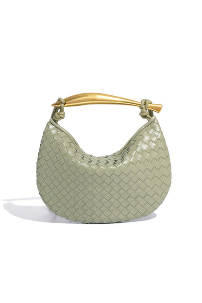 Woven brown leather hobo bag with gold handle