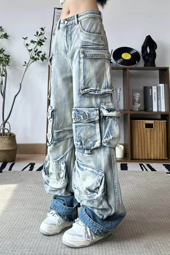 Gray acid wash denim cargo pants with multiple pockets