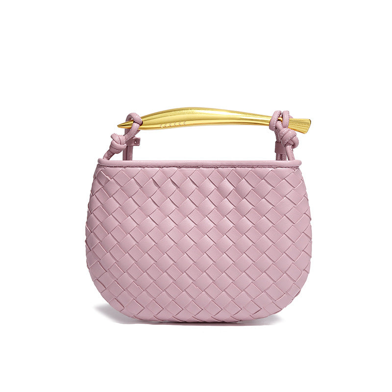 Silver woven leather top handle bag with gold hardware