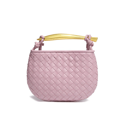 Silver woven leather top handle bag with gold hardware