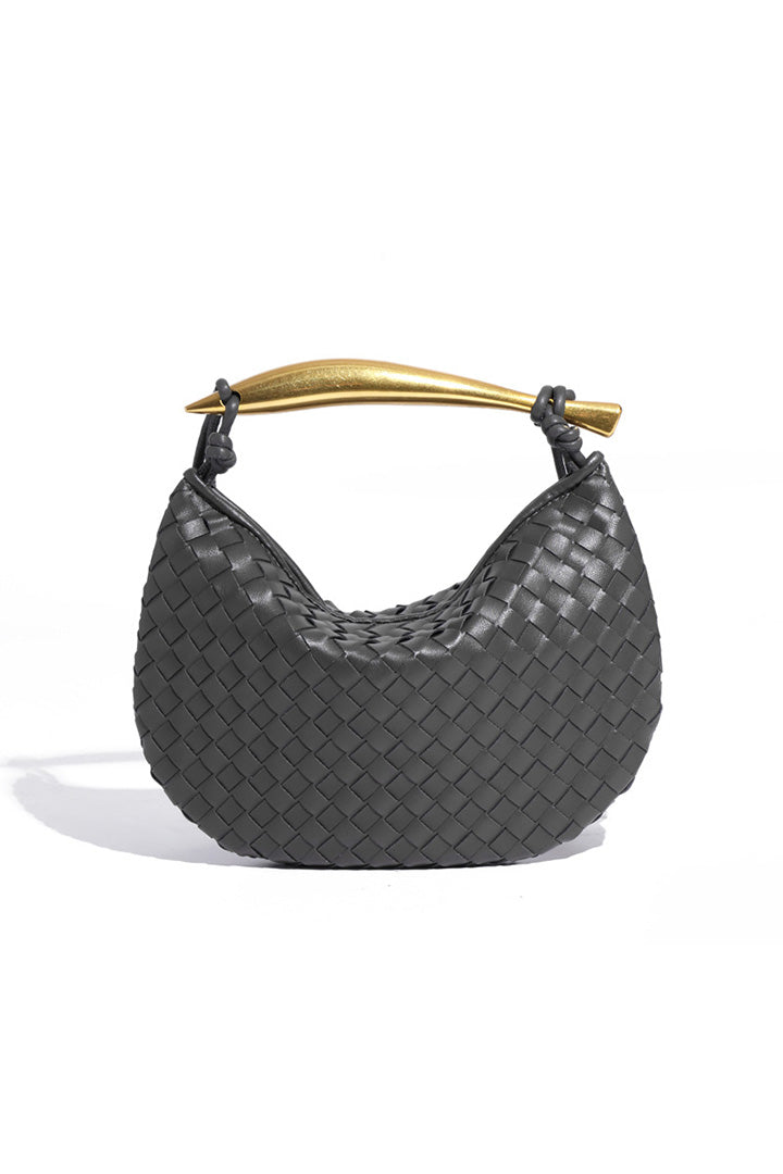 Woven brown leather hobo bag with gold handle