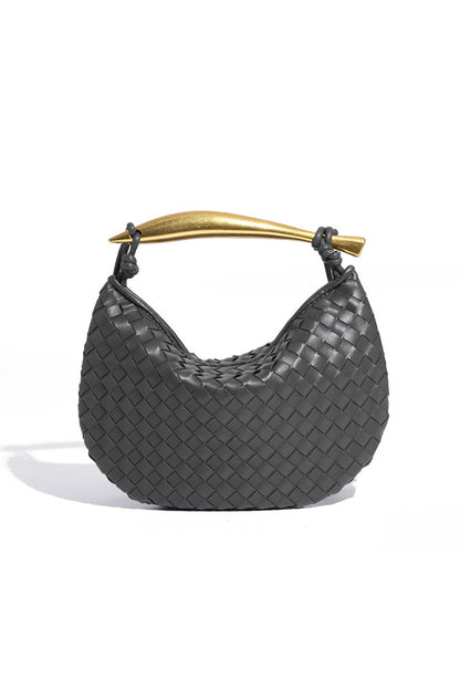 Woven brown leather hobo bag with gold handle