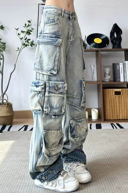 Gray acid wash denim cargo pants with multiple pockets