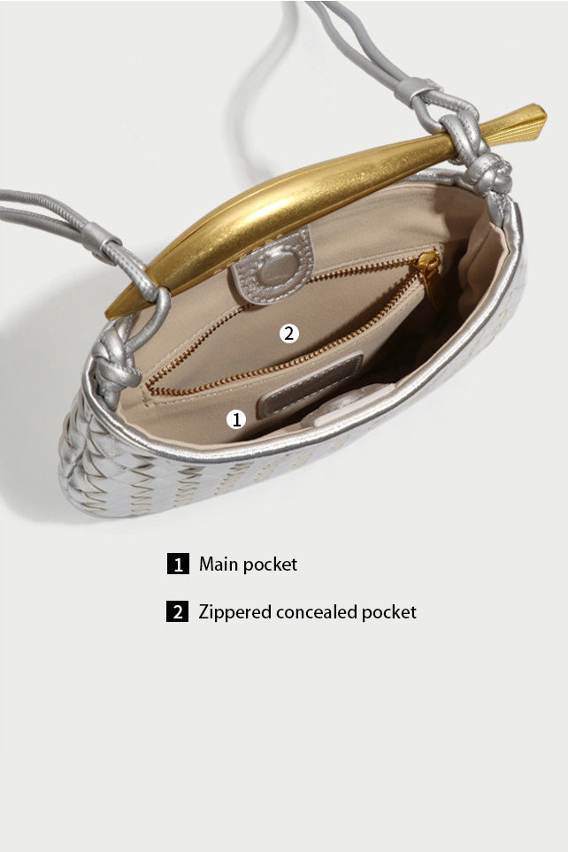 Silver woven leather top handle bag with gold hardware