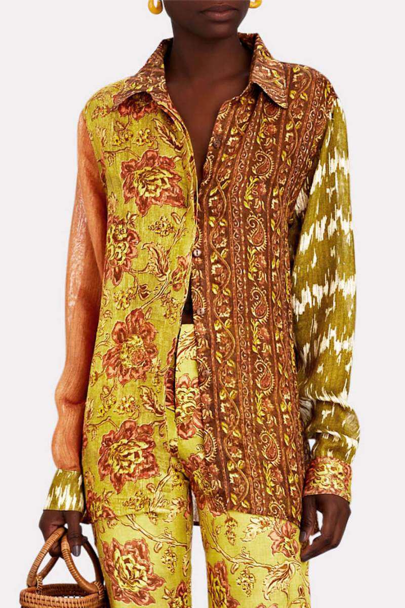Woman wearing patchwork linen shirt and pants