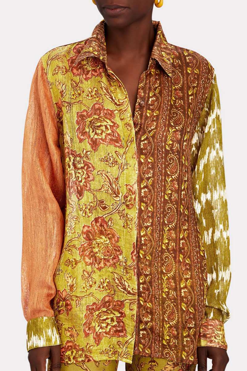 Woman wearing patchwork linen shirt and pants