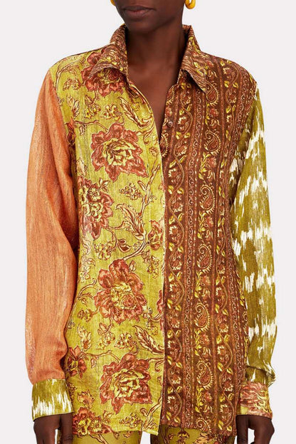 Woman wearing patchwork linen shirt and pants
