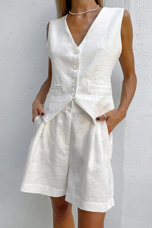 Woman in white linen vest and shorts set