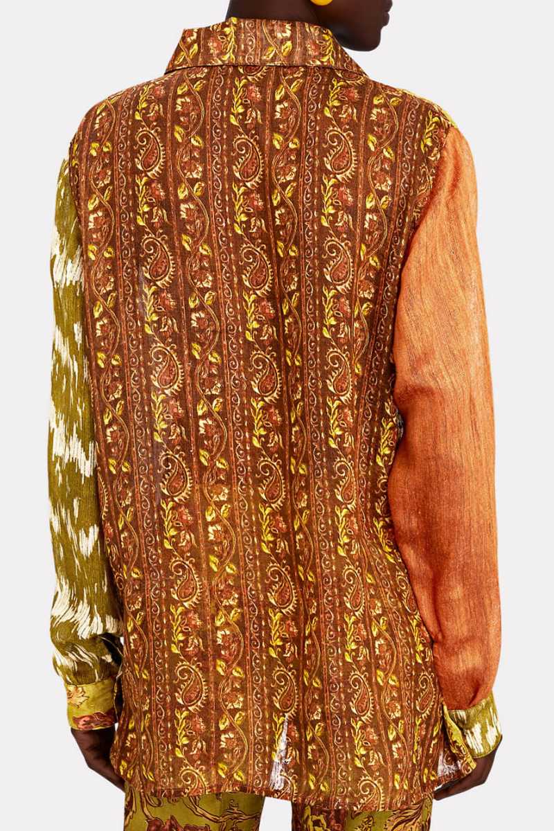 Woman wearing patchwork linen shirt and pants