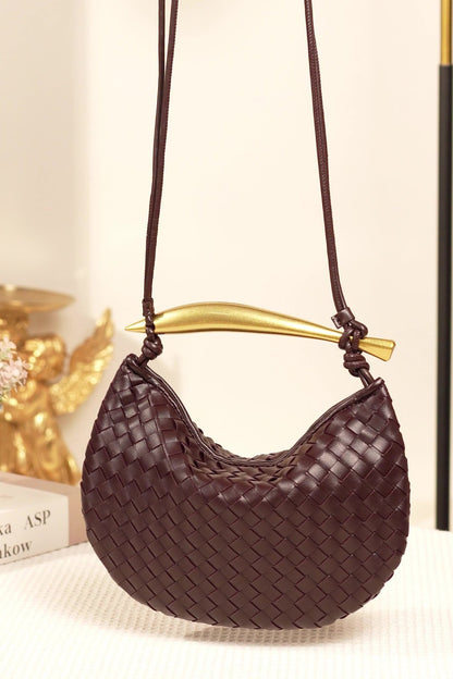 Woven brown leather hobo bag with gold handle