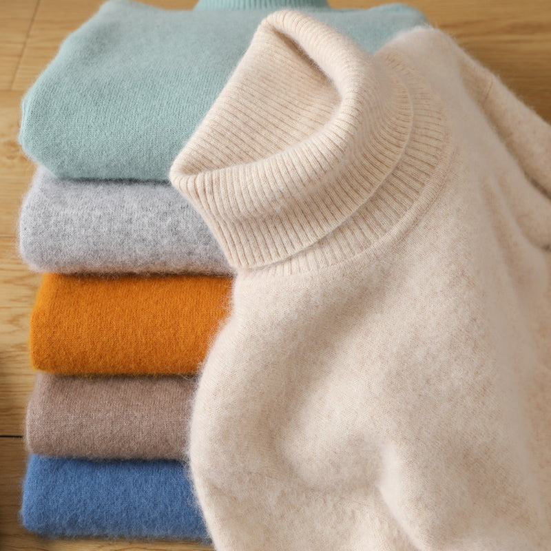 Woman wearing light blue cashmere turtleneck sweater