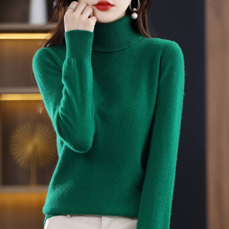 Woman wearing light blue cashmere turtleneck sweater