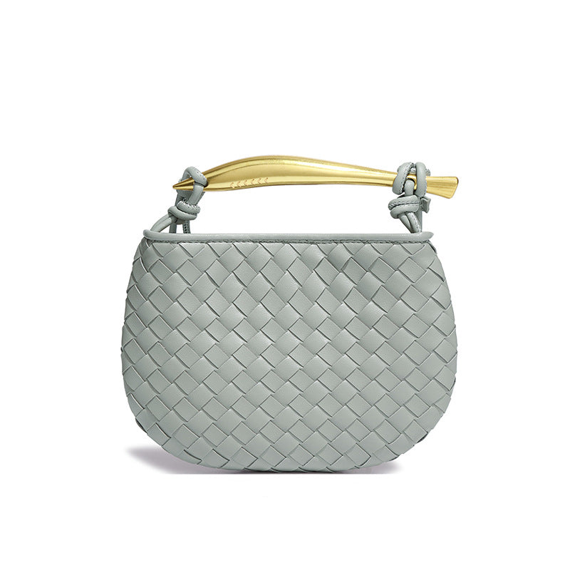 Silver woven leather top handle bag with gold hardware