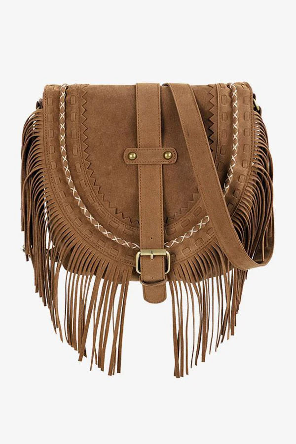 Brown suede crossbody bag with fringe