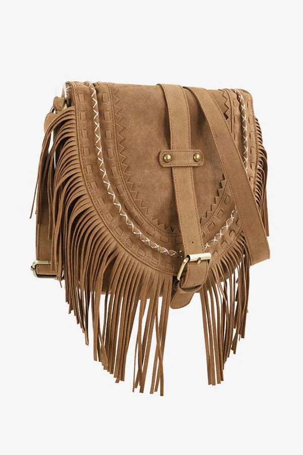 Brown suede crossbody bag with fringe