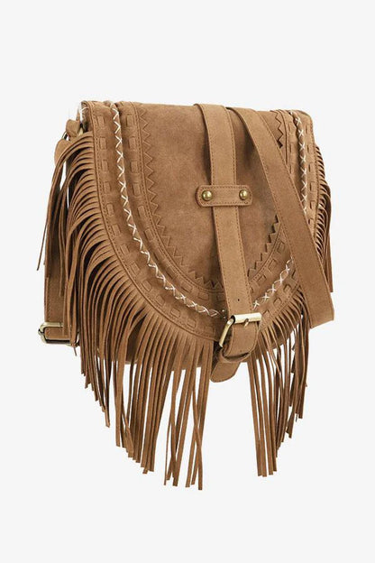Brown suede crossbody bag with fringe