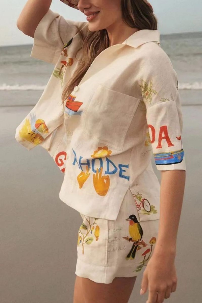 Woman wearing cream linen short set with tropical print