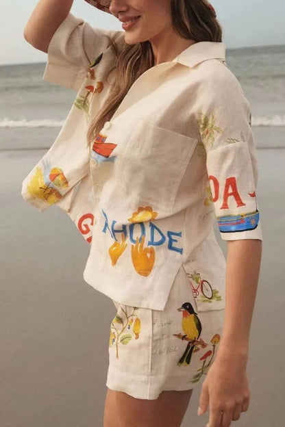 Woman wearing cream linen short set with tropical print