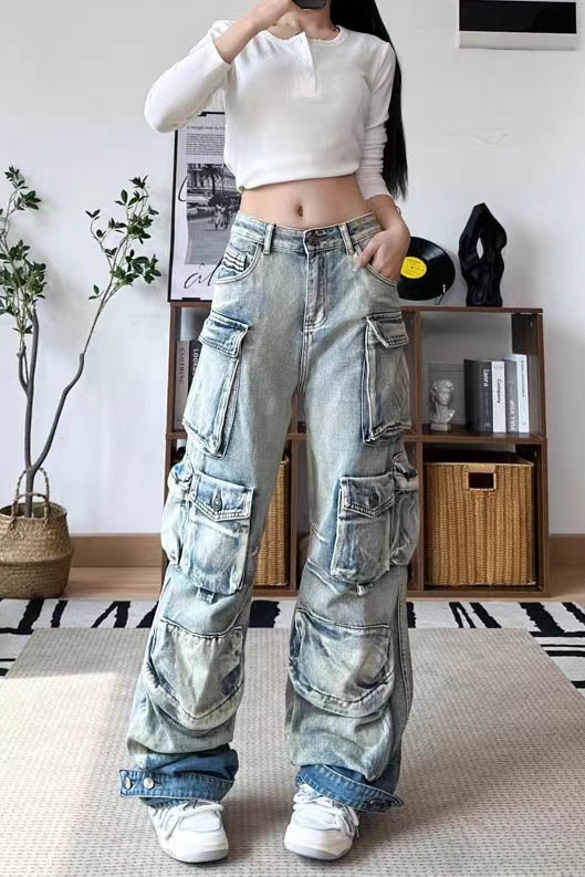 Gray acid wash denim cargo pants with multiple pockets