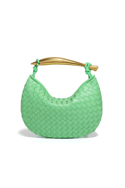 Woven brown leather hobo bag with gold handle