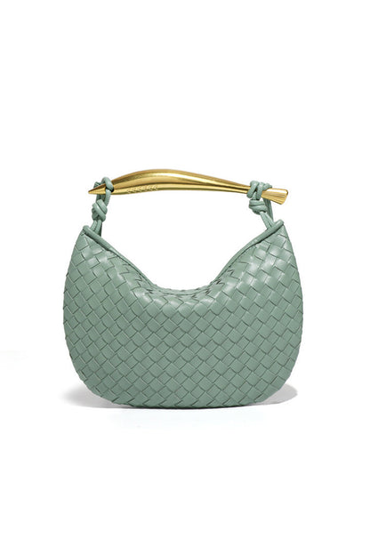 Woven brown leather hobo bag with gold handle