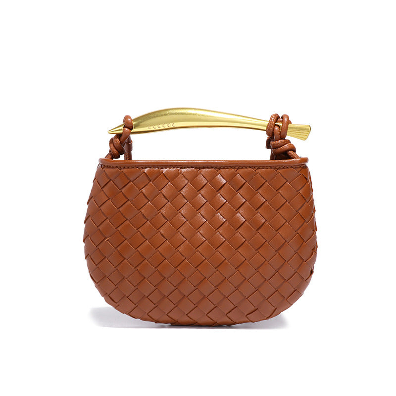 Silver woven leather top handle bag with gold hardware