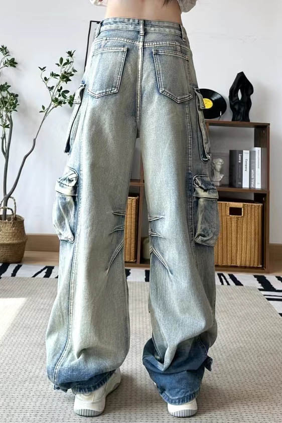 Gray acid wash denim cargo pants with multiple pockets