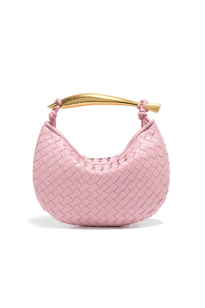 Woven brown leather hobo bag with gold handle