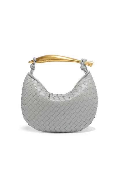 Woven brown leather hobo bag with gold handle