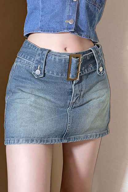 Women's Denim Mini Skirt - Belted Waist Detail