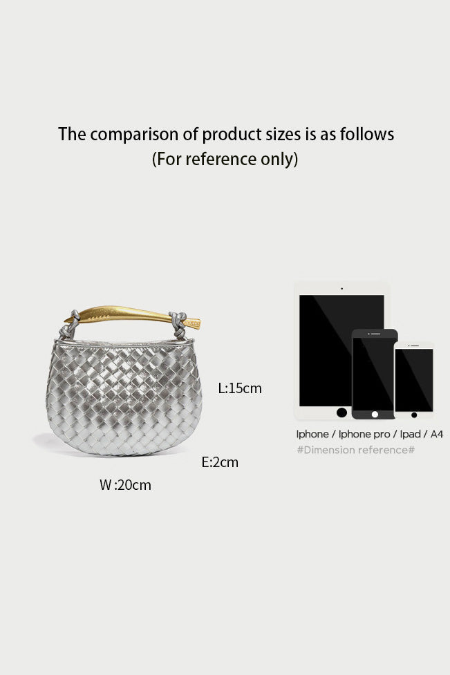 Silver woven leather top handle bag with gold hardware
