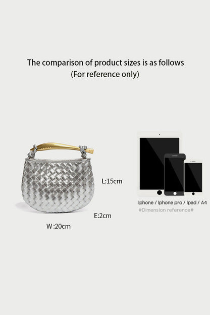 Silver woven leather top handle bag with gold hardware