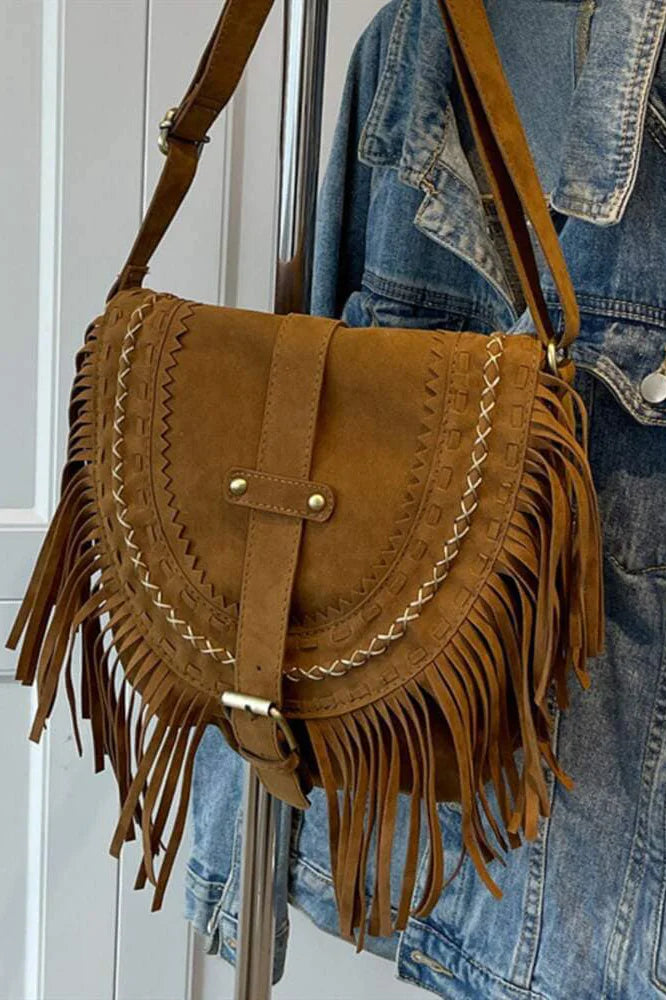 Brown suede crossbody bag with fringe