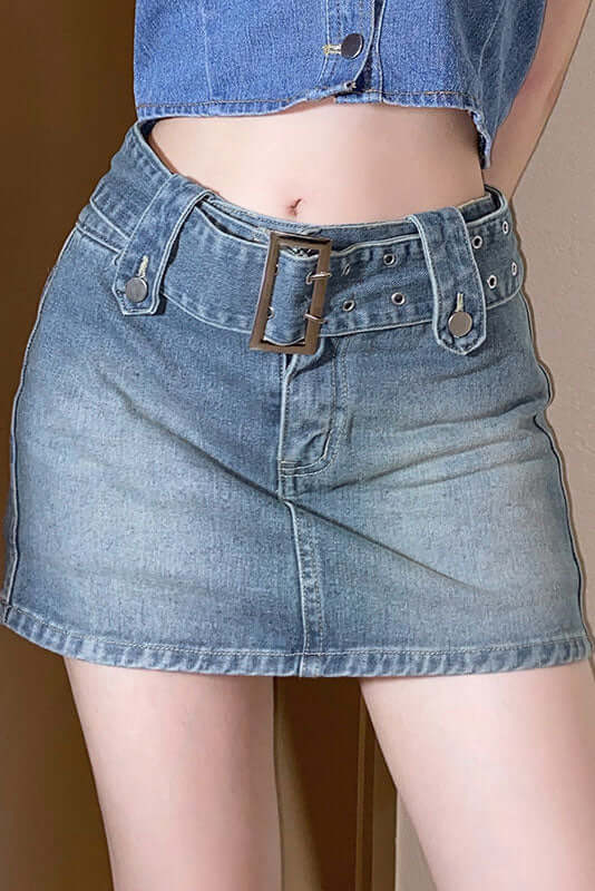 Women's Denim Mini Skirt - Belted Waist Detail