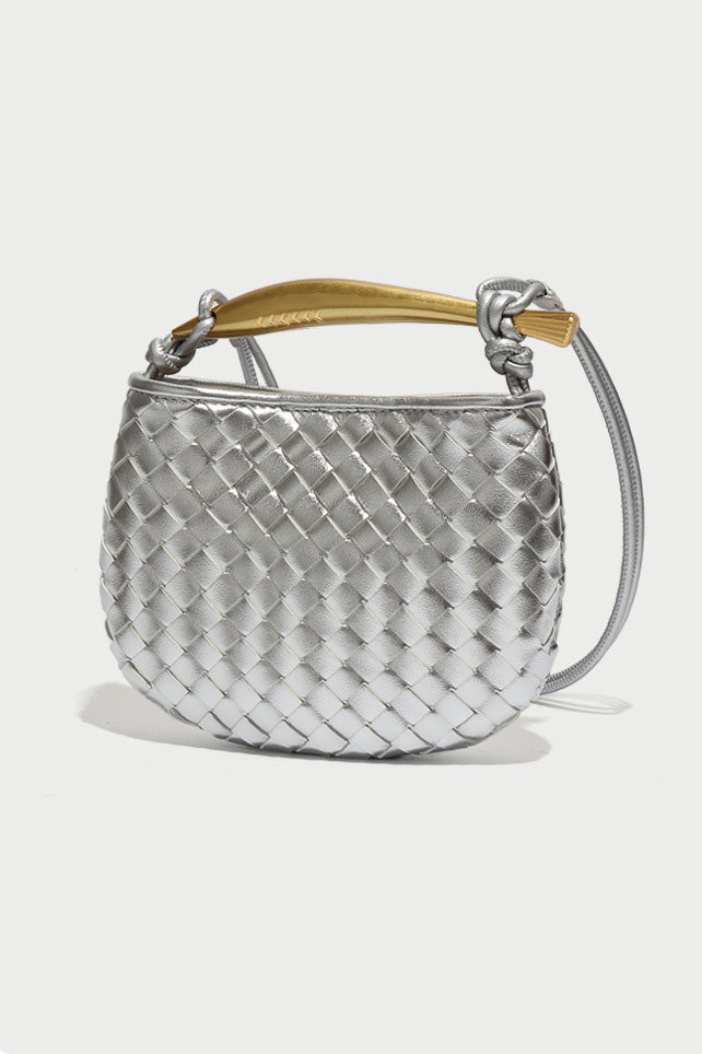 Silver woven leather top handle bag with gold hardware