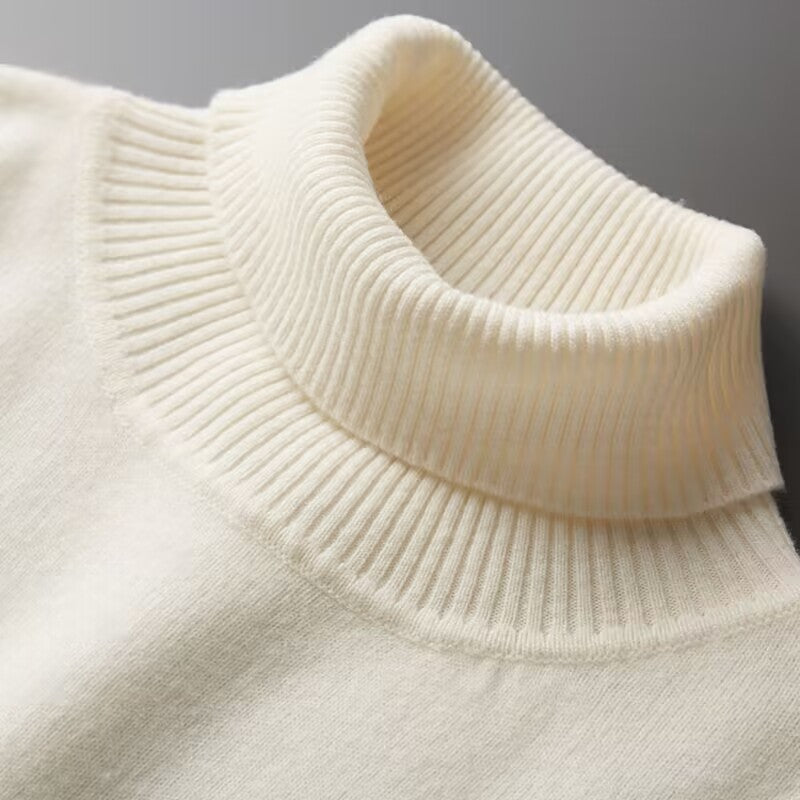 Woman wearing light blue cashmere turtleneck sweater