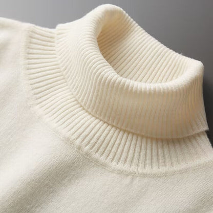 Woman wearing light blue cashmere turtleneck sweater