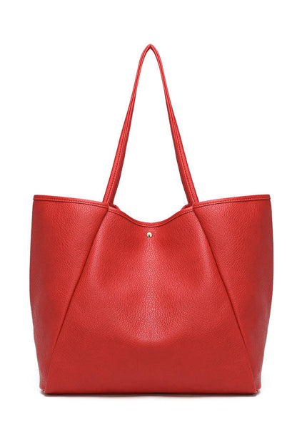 Black faux leather tote bag with shoulder straps