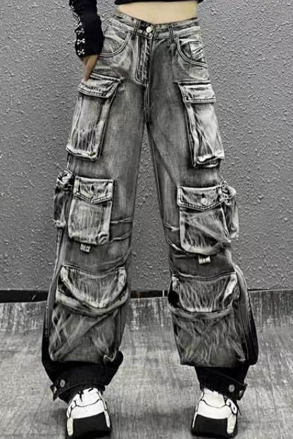 Gray acid wash denim cargo pants with multiple pockets