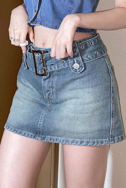 Women's Denim Mini Skirt - Belted Waist Detail
