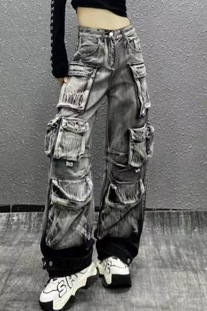 Gray acid wash denim cargo pants with multiple pockets