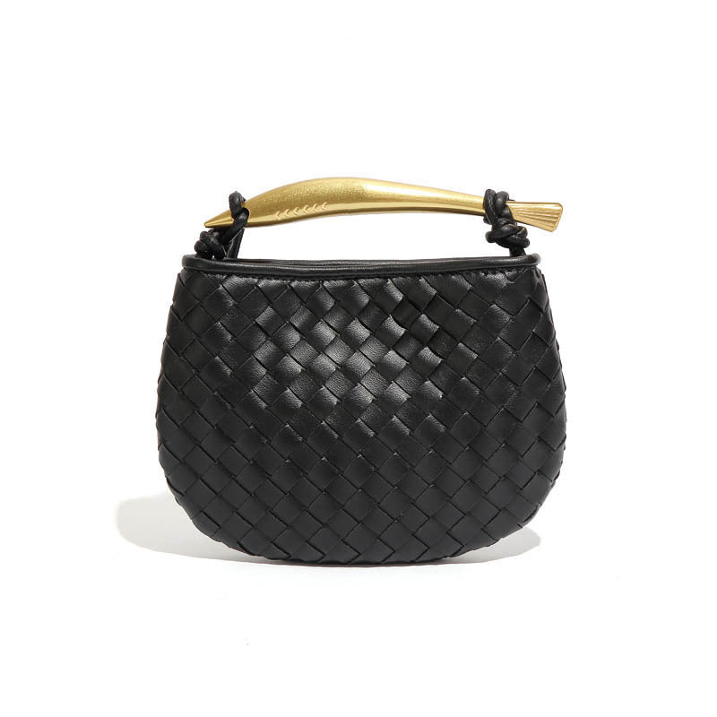 Silver woven leather top handle bag with gold hardware