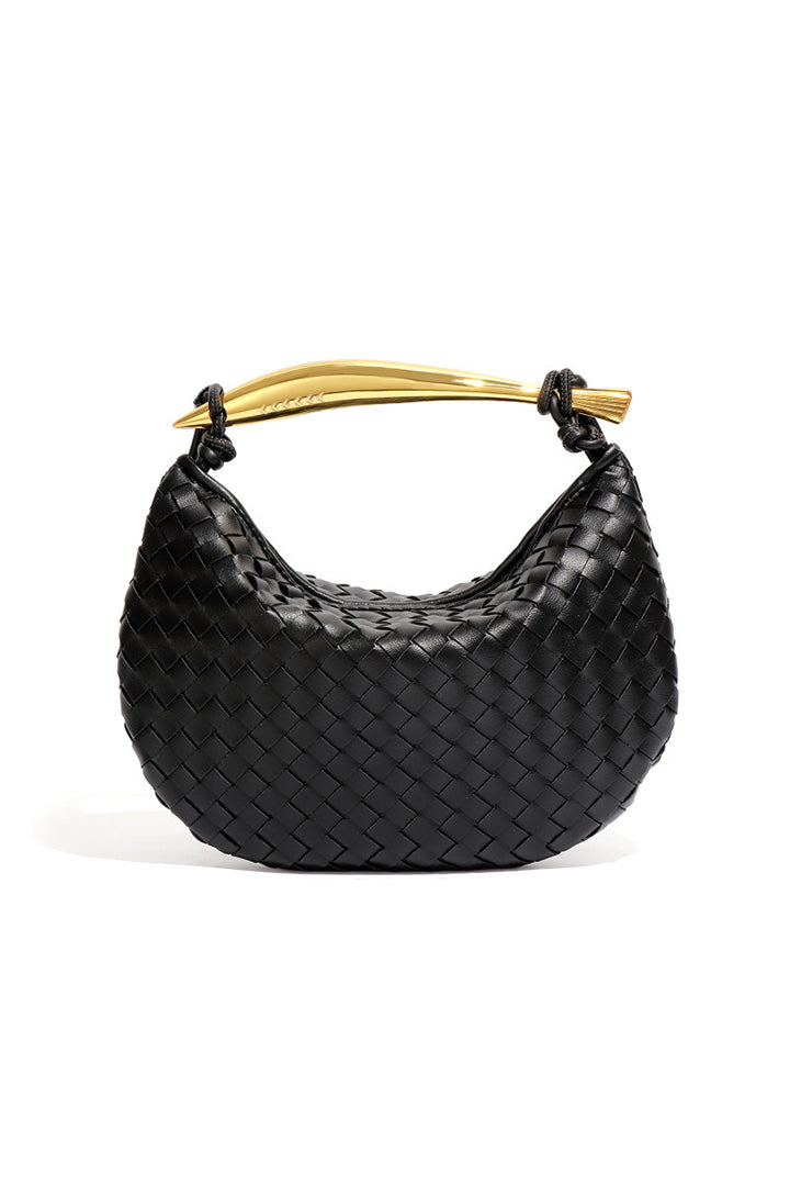 Woven brown leather hobo bag with gold handle