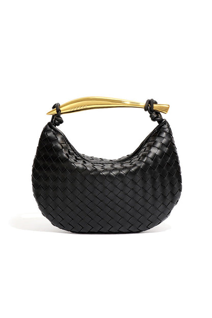 Woven brown leather hobo bag with gold handle