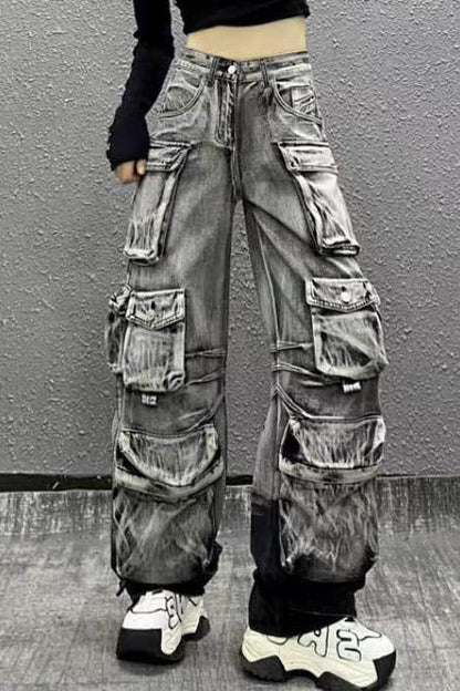 Gray acid wash denim cargo pants with multiple pockets
