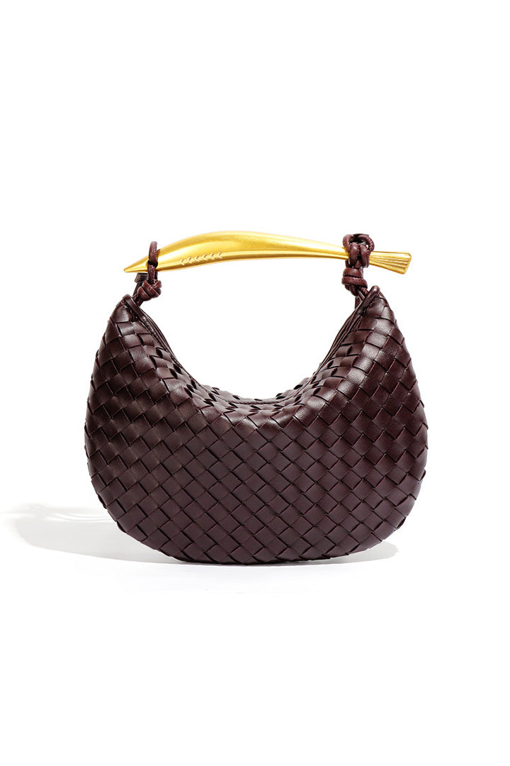 Woven brown leather hobo bag with gold handle